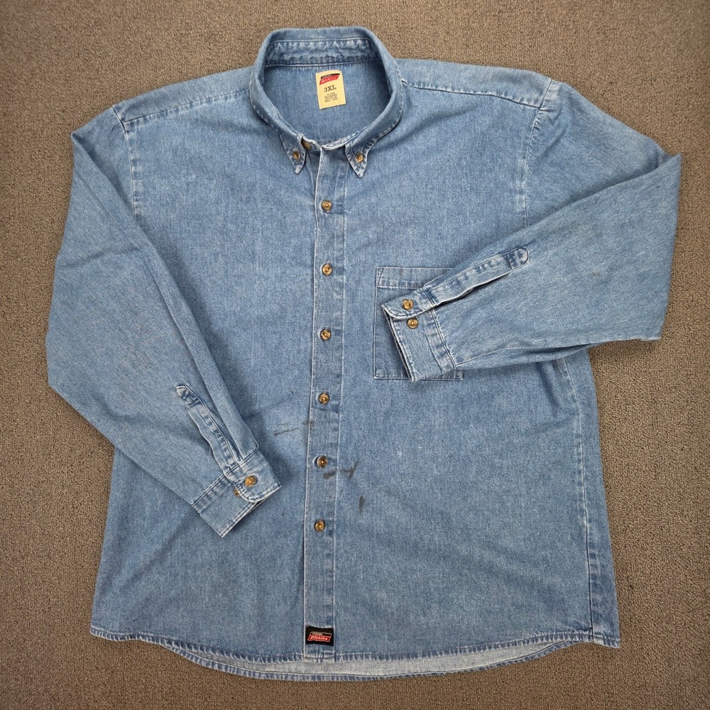 Dickies Mens 3XL Denim Button Down Shirt Long Sleeve Blue Cotton Work‎